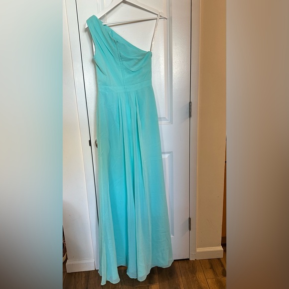 David’s Bridal long one-shoulder crinkle chiffon dress | Spa color - Picture 3 of 8